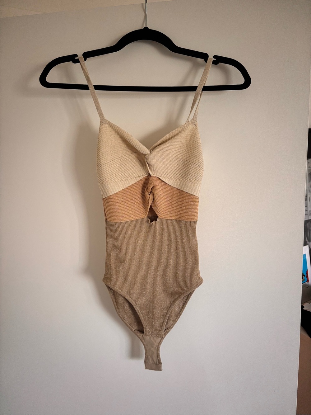 Sandro Three-Tone Knit Bodysuit in Cream, Tan, Brown